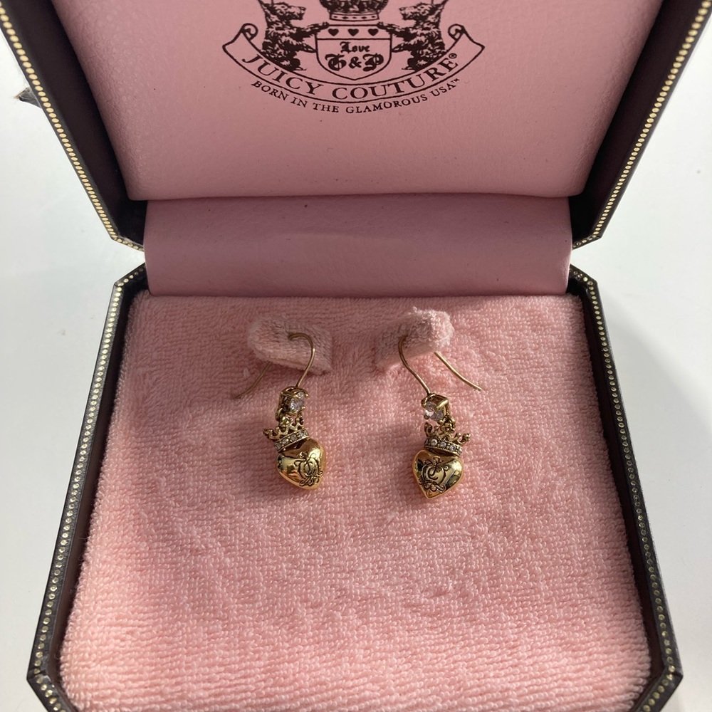 Juicy Couture Gold Royal Crown Heart Drop Earrings New in Box